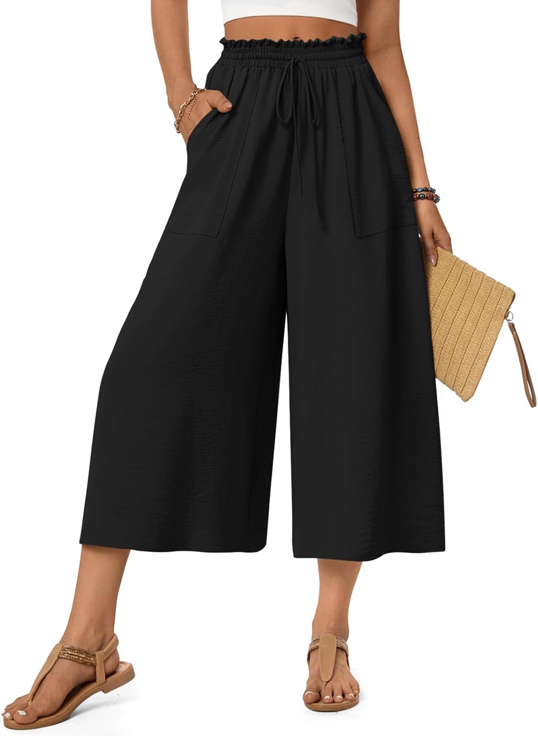 Anyhold Womens Capri Pants Wide Leg Gaucho Pant Dressy Casual Culottes Elastic Waist with Pockets - Image 2