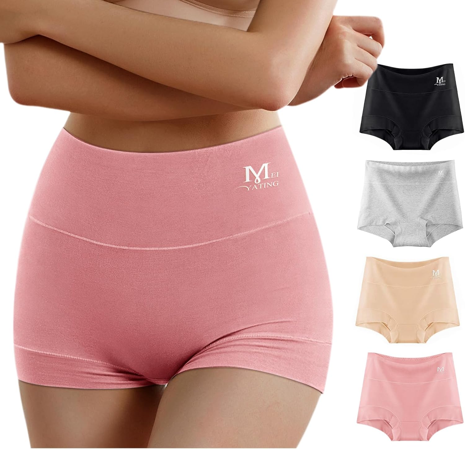 MEIYATING Boy Shorts Underwear for Women High Waisted Cotton Panties Stretch Briefs 4 Pack Plus Size