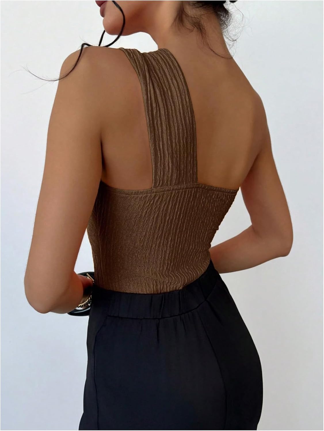 OYOANGLE Women's One Shoulder Going Out Bodysuit Tops Asymmetrical Textured Sleeveless Concert Tank Tops - Image 2