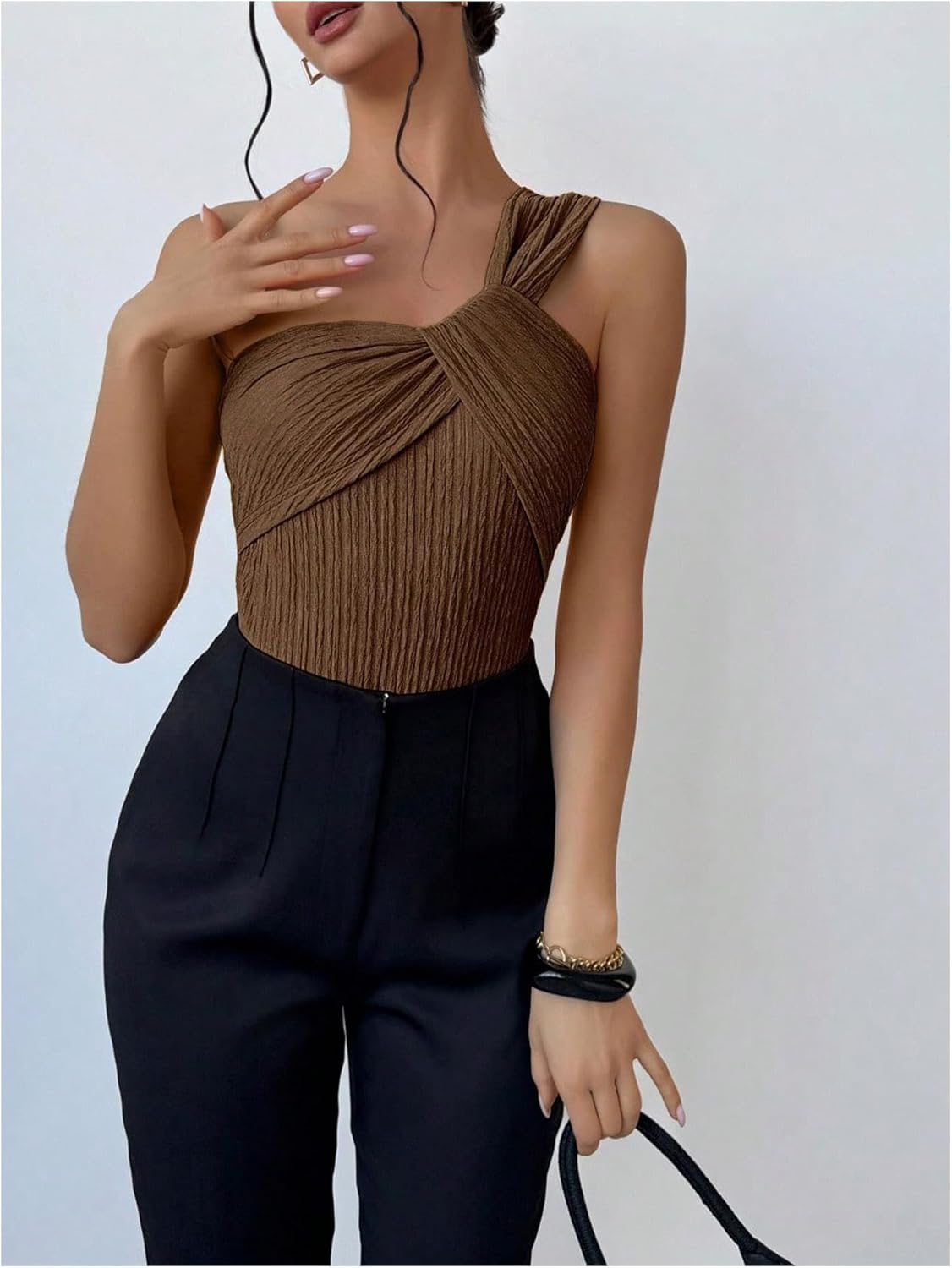 OYOANGLE Women's One Shoulder Going Out Bodysuit Tops Asymmetrical Textured Sleeveless Concert Tank Tops - Image 6