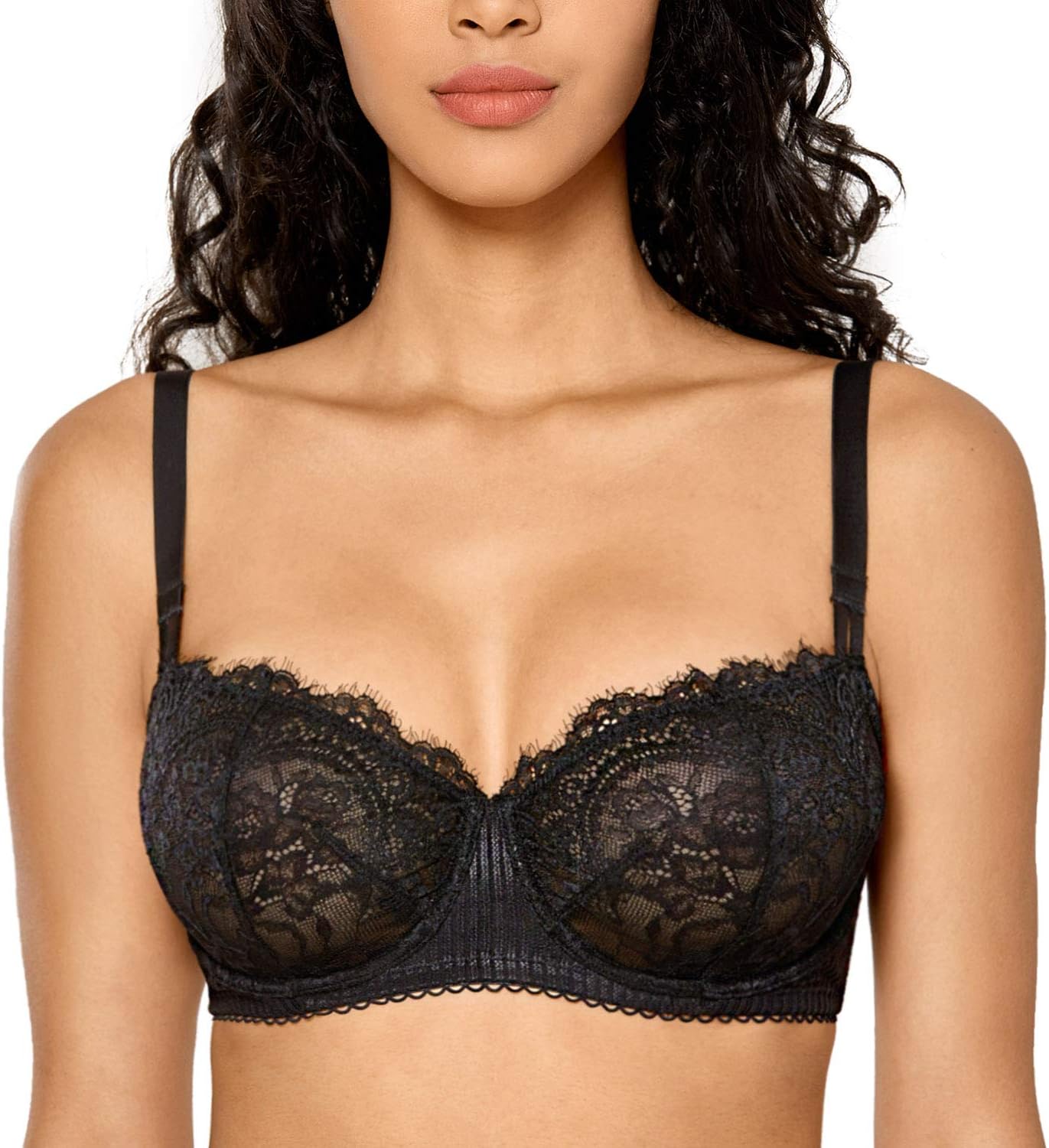 DOBREVA Women's Sexy Lace Push Up Plus Size Bra Sheer Balconette Underwire Unlined - Image 3