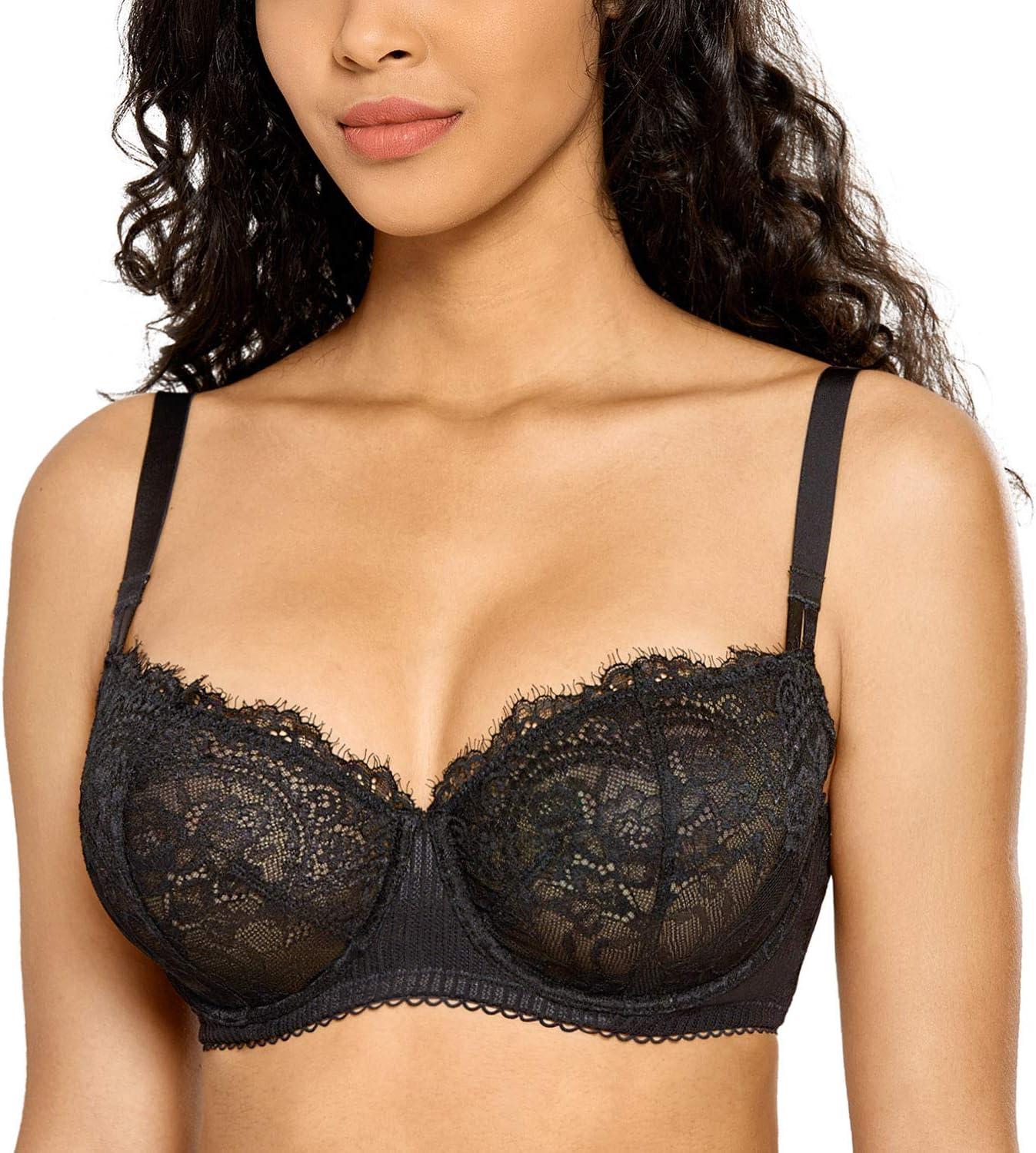DOBREVA Women's Sexy Lace Push Up Plus Size Bra Sheer Balconette Underwire Unlined - Image 6