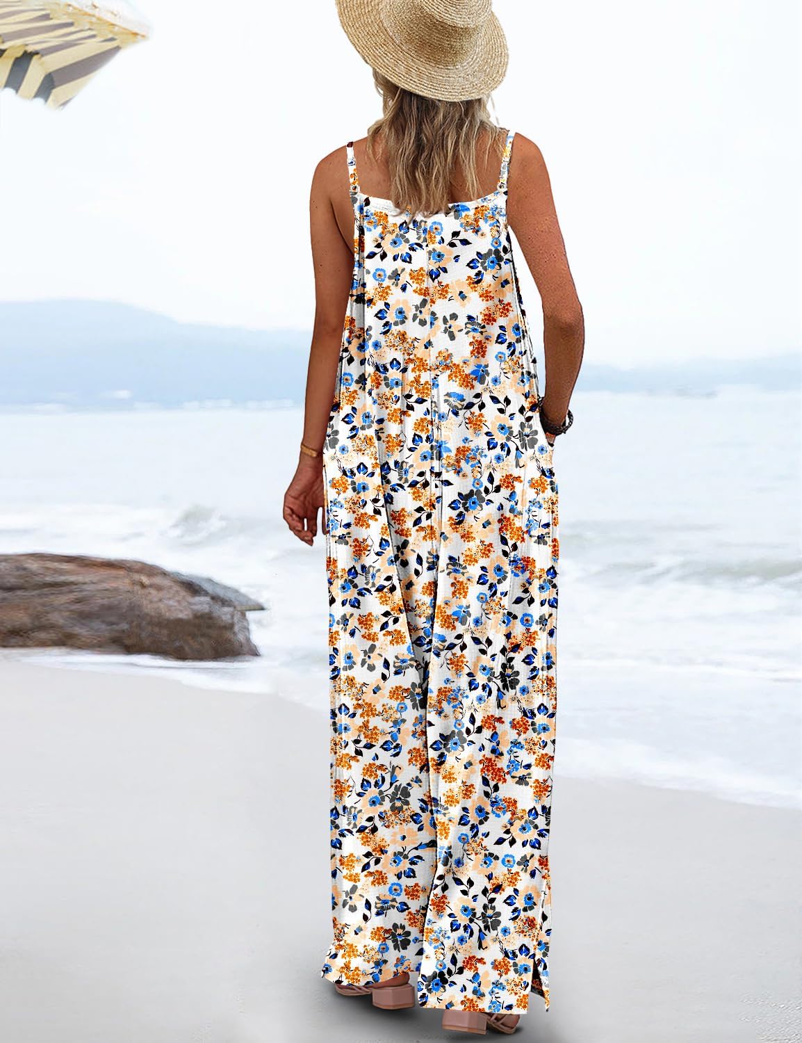 YESNO Women's Summer Boho Cotton Casual Jumpsuits Wide Leg Overalls Floral Print Baggy Rompers with Pockets PZZCR - Image 2