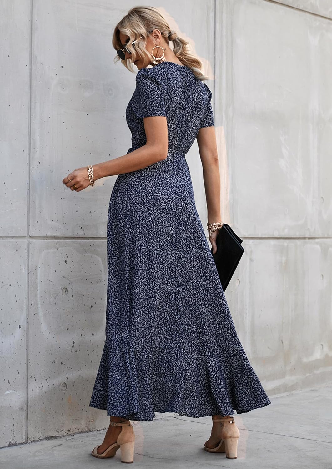 PRETTYGARDEN Women's Boho Floral Maxi Dress Summer Short Sleeve Wrap V Neck Long Flowy Beach Vacation Wedding Guest Dresses - Image 2