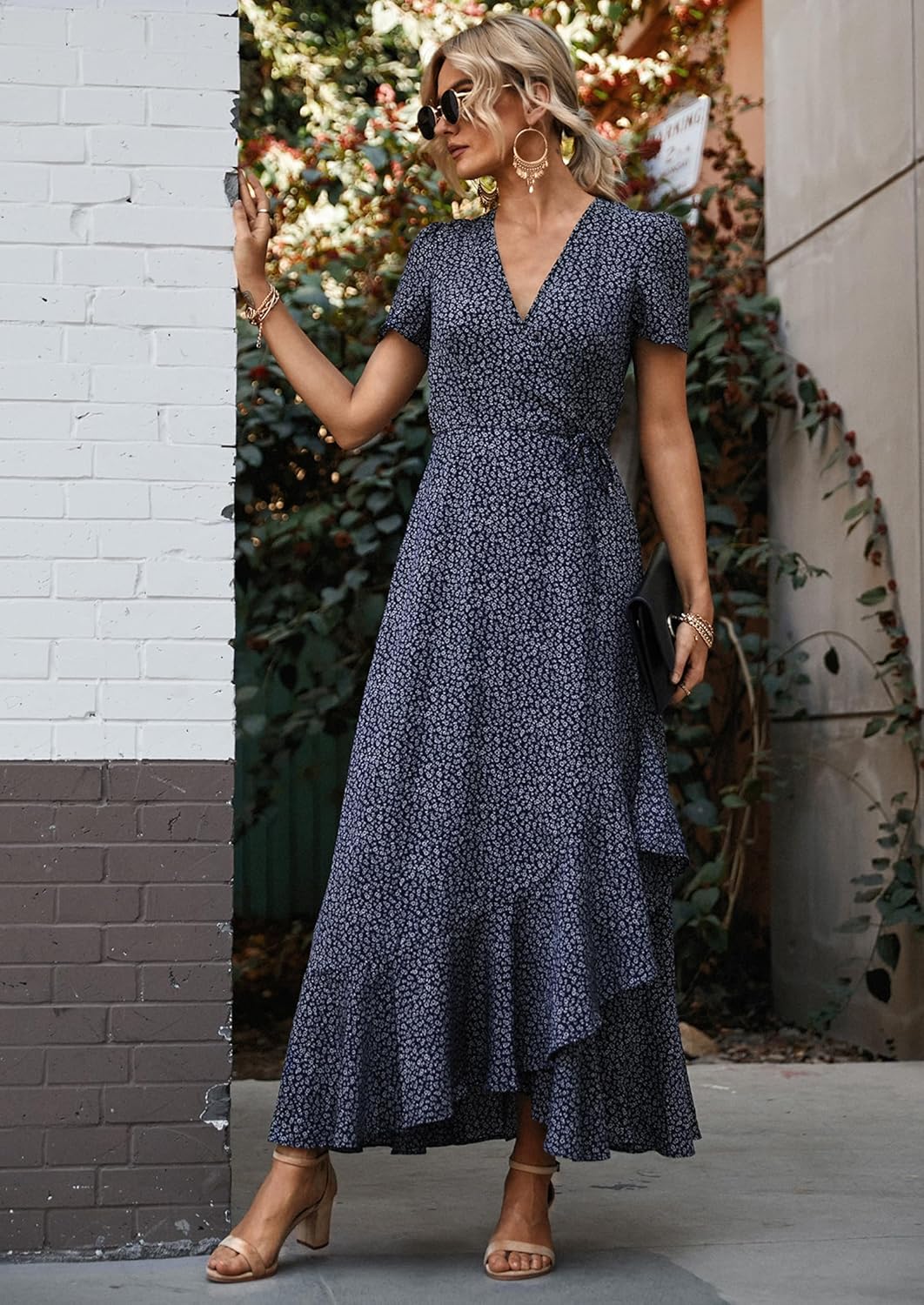 PRETTYGARDEN Women's Boho Floral Maxi Dress Summer Short Sleeve Wrap V Neck Long Flowy Beach Vacation Wedding Guest Dresses - Image 6