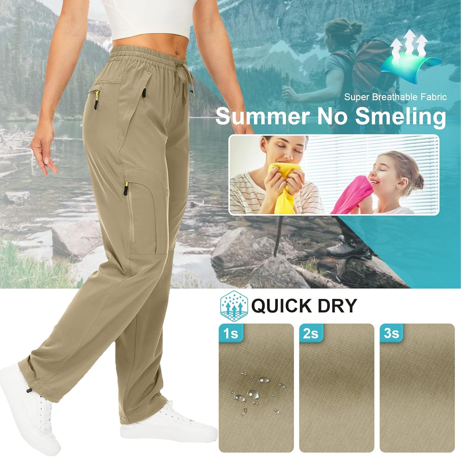 Womens Hiking Pants Quick Dry UPF 50 Lightweight Travel Golf Cargo Safari Pants Zipper Pockets - Image 3