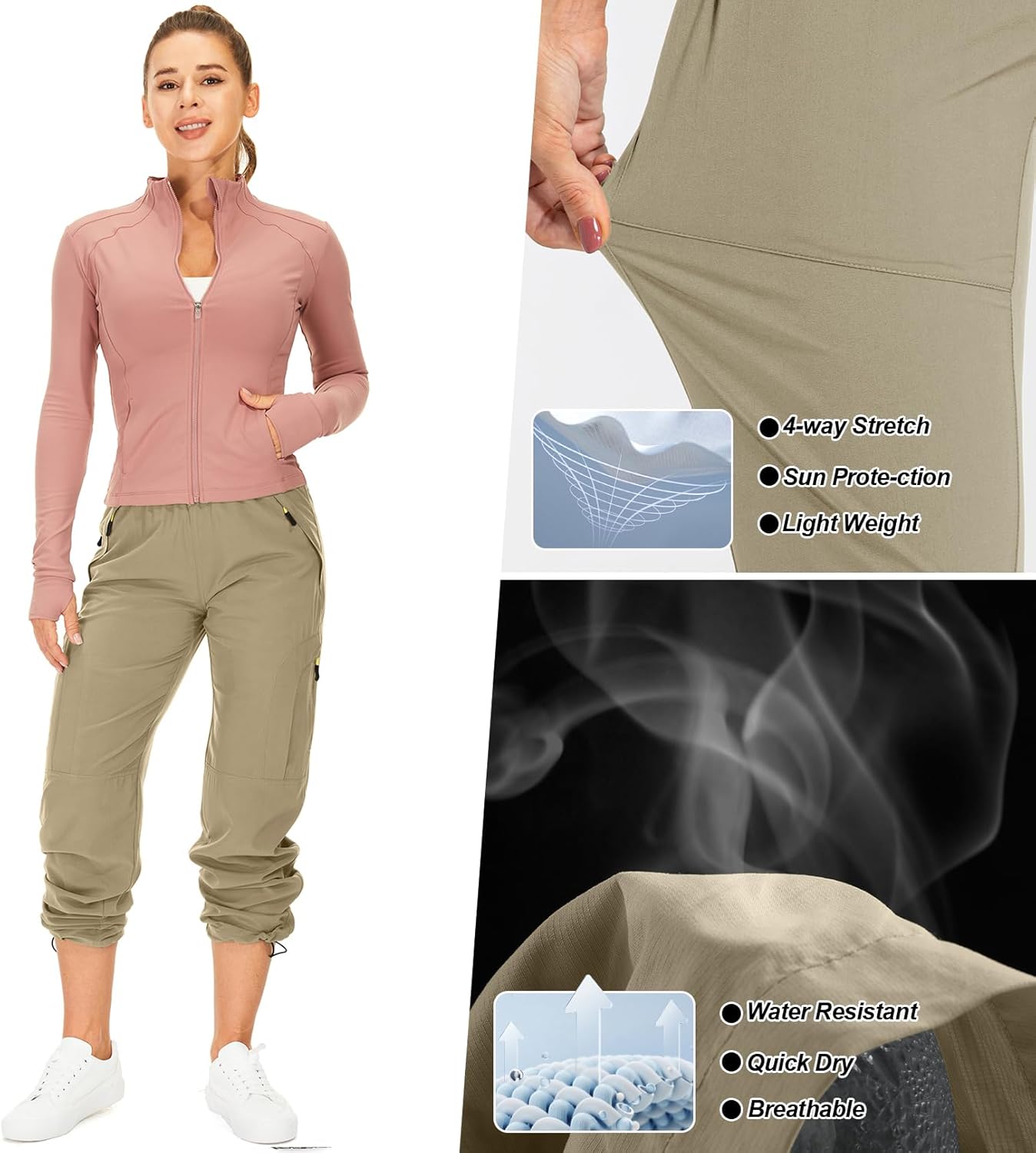 Womens Hiking Pants Quick Dry UPF 50 Lightweight Travel Golf Cargo Safari Pants Zipper Pockets - Image 4