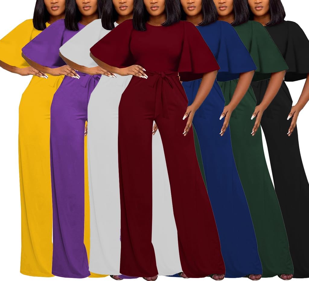 BessCops Womens Loose Short Sleeve Belted Wide Leg Pant Romper Jumpsuit Casual Business One Piece Outfits - Image 6