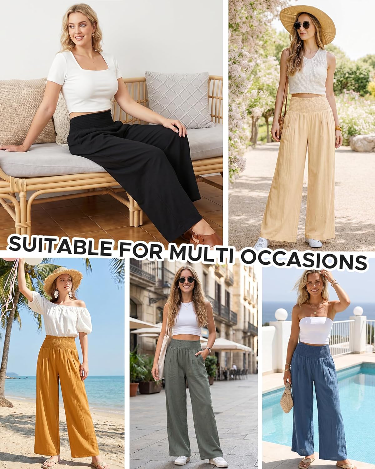 Women Wide Leg Casual Pants High Waist Palazzo Pants Summer Lounge Trousers with Pockets - Image 7