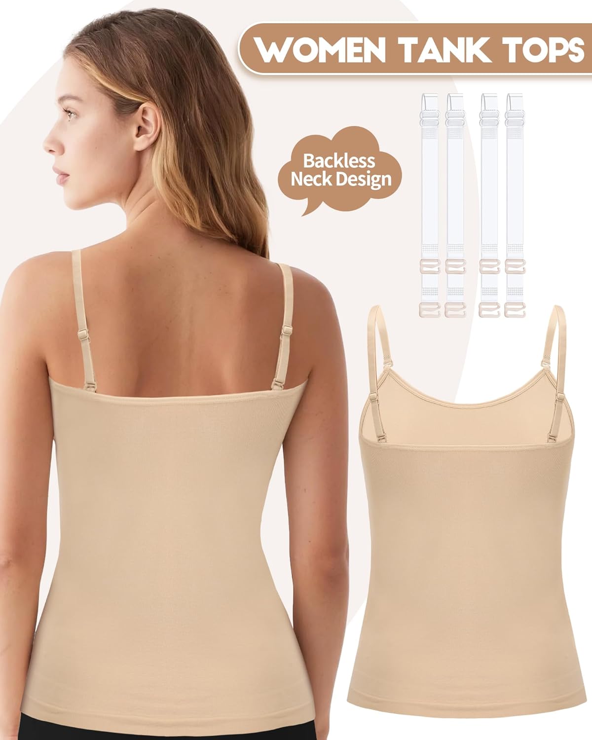 iMucci Camisole Tops for Women Nude Tank Top Double Lined Scoop Neck Spaghetti Strap Tank Top with Adjustable Clear Straps - Image 4
