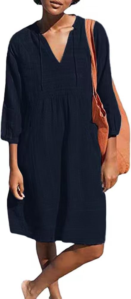 Lafural Womens V Neck Cotton Casual Loose Shift Tunic Smock Summer Dresses Vacation Dress 3/4 Sleeve Pocket