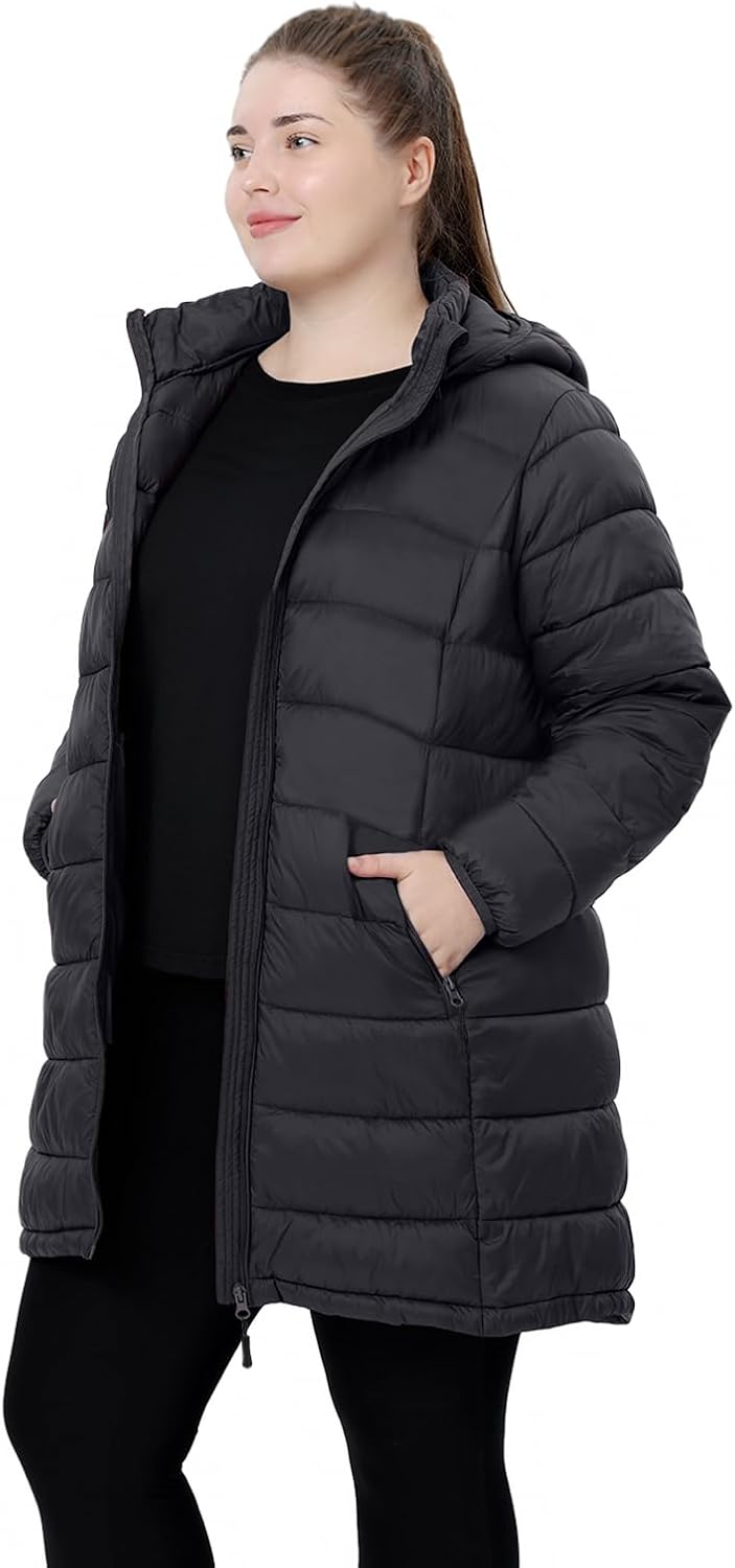 Plus Size Women Packable Puffer Jacket 1X-6X Water-Resistant Lightweight Puffer Coat Detachable Hood - Image 2