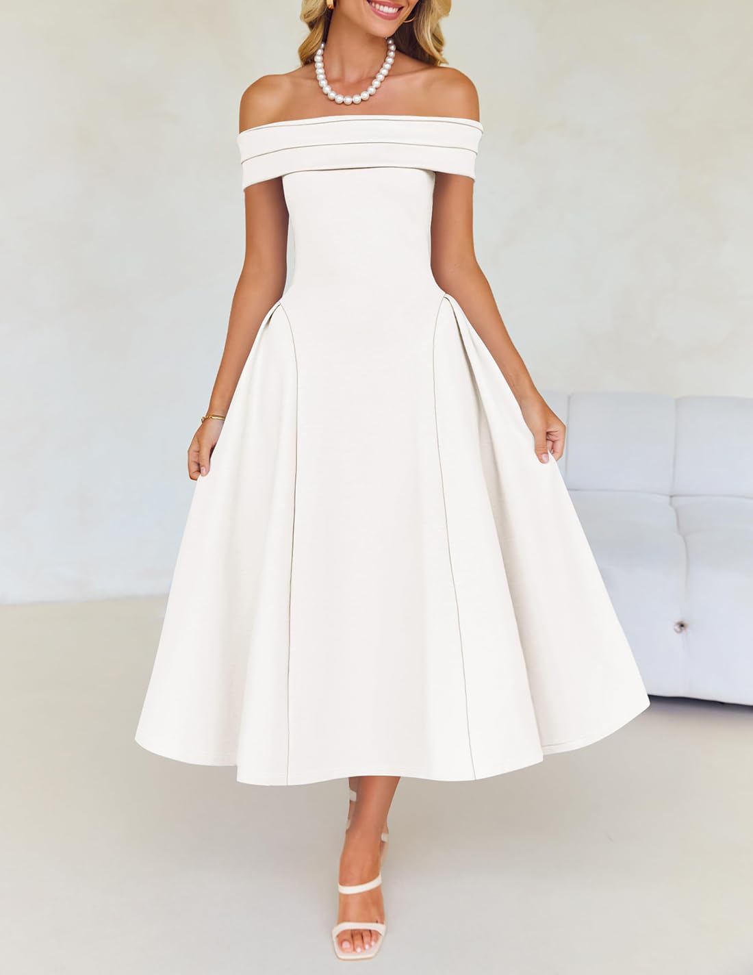 ZESICA Summer 2026 Cocktail Dresses for Women's Off Shoulder Short Sleeve Swing A Line Wedding Evening Party Midi Dress - Image 3