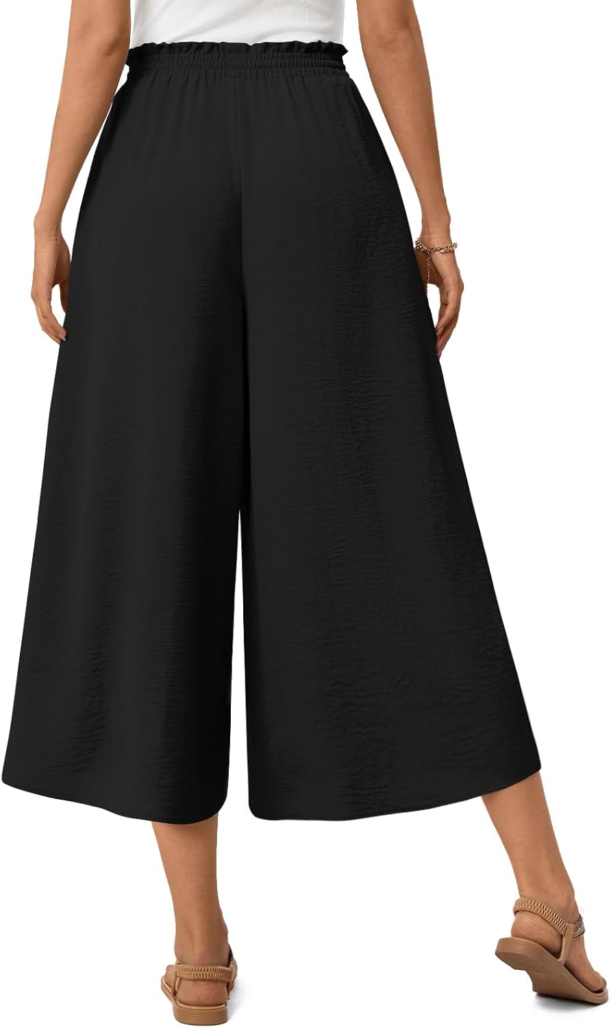 Anyhold Womens Capri Pants Wide Leg Gaucho Pant Dressy Casual Culottes Elastic Waist with Pockets - Image 4