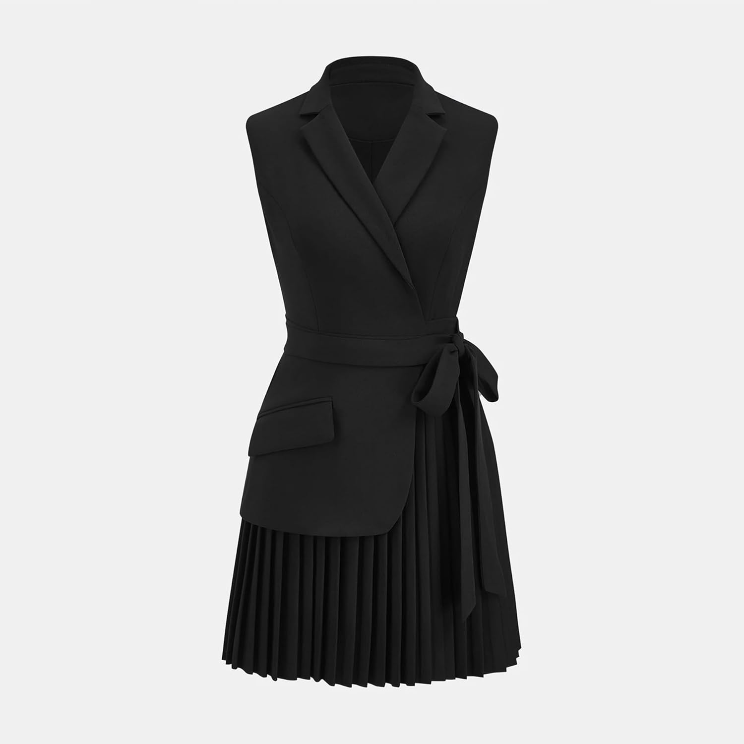 Women's Belt Blazer Dress Lapel Notch Neck Sleeveless Elegant Vest Pleated Mini Dress Summer Business Matching Suits - Image 6