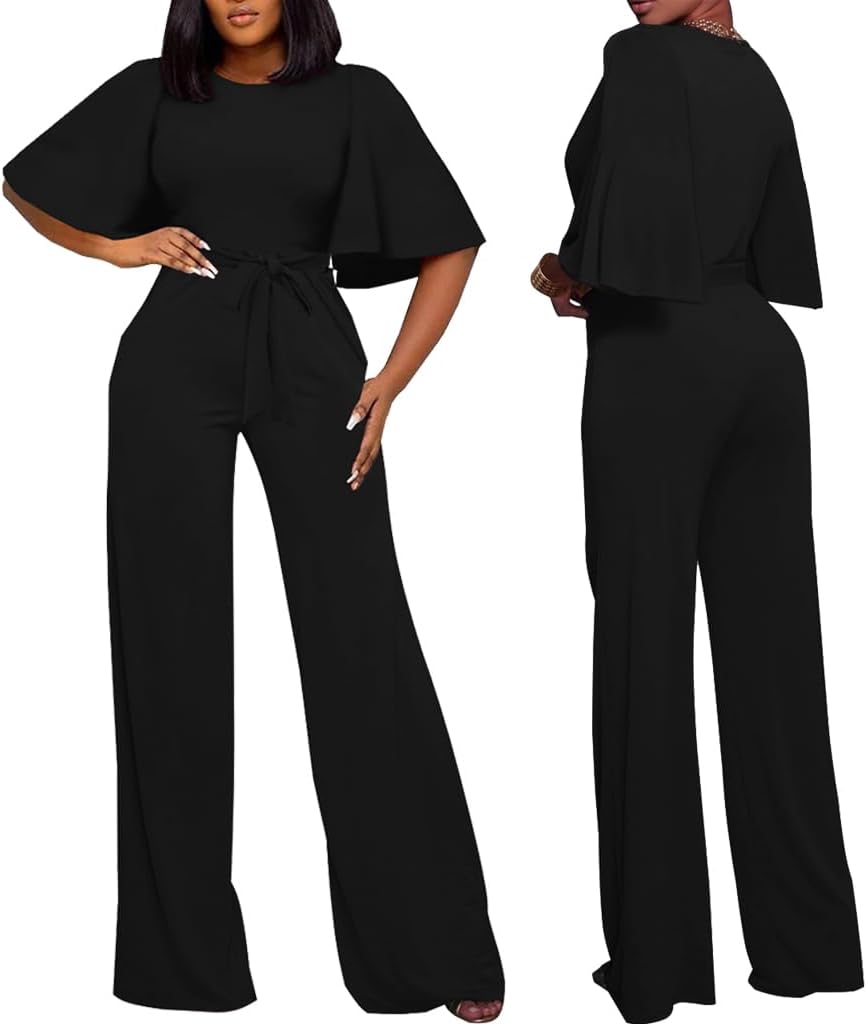 BessCops Womens Loose Short Sleeve Belted Wide Leg Pant Romper Jumpsuit Casual Business One Piece Outfits - Image 3