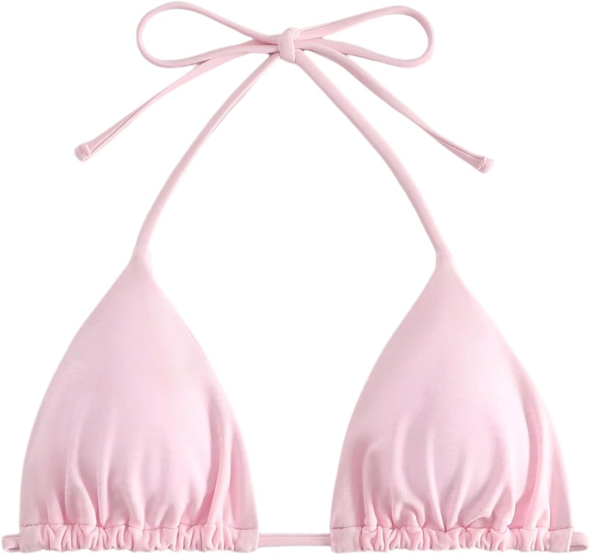 WDIRARA Women's Solid Triangle Bikini Top Sexy Halter String Micro Bathing Suits Tops