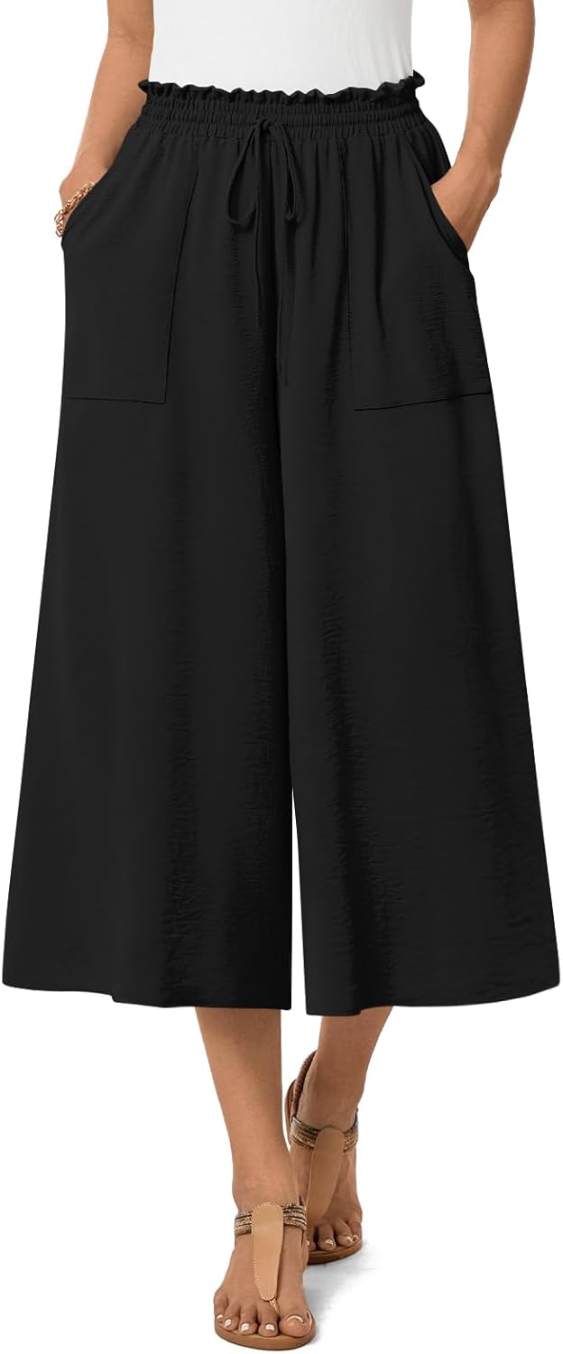 Anyhold Womens Capri Pants Wide Leg Gaucho Pant Dressy Casual Culottes Elastic Waist with Pockets - Image 3