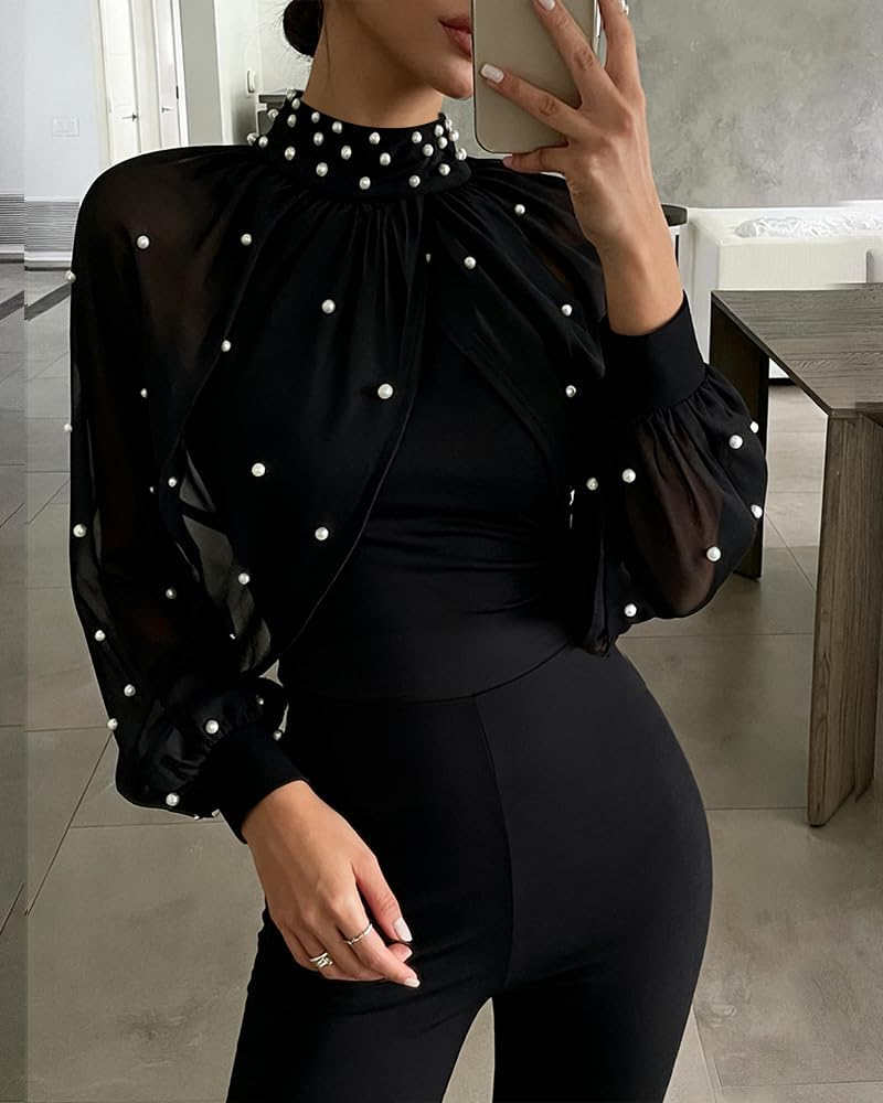 Jumpsuits for Women Pearls Decor Mock Neck Lantern Long Sleeve Flared Zipper Back One Piece Party Outfits - Image 4