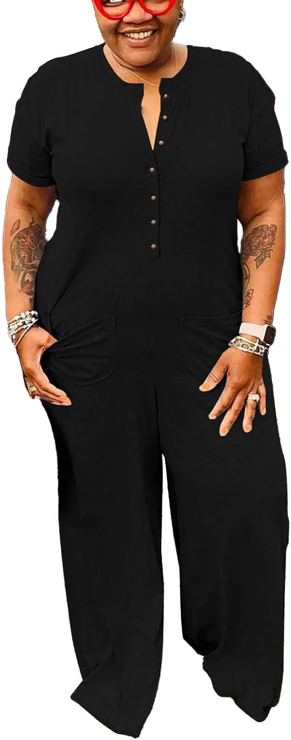 YeGine Plus Size Women Short Sleeve Loose Jumpsuit Casual Rompers One Piece Button Up Wide Leg Jumpsuits
