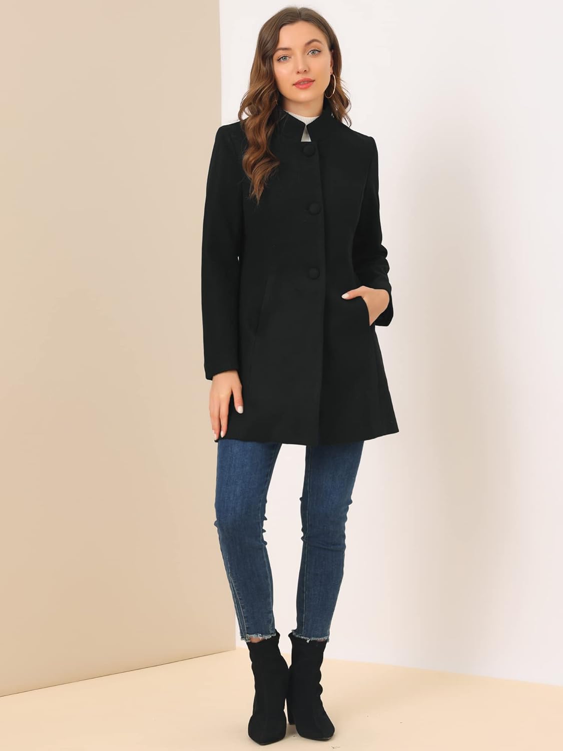 Allegra K Women's Winter Overcoat Mid-Long Stand Collar Single Breasted Coat Outerwear - Image 2
