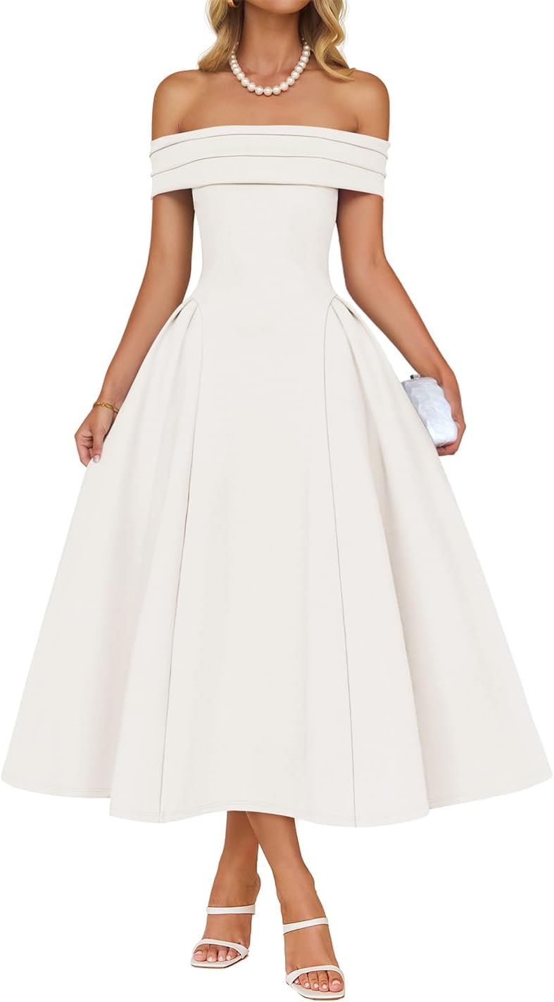 ZESICA Summer 2026 Cocktail Dresses for Women's Off Shoulder Short Sleeve Swing A Line Wedding Evening Party Midi Dress
