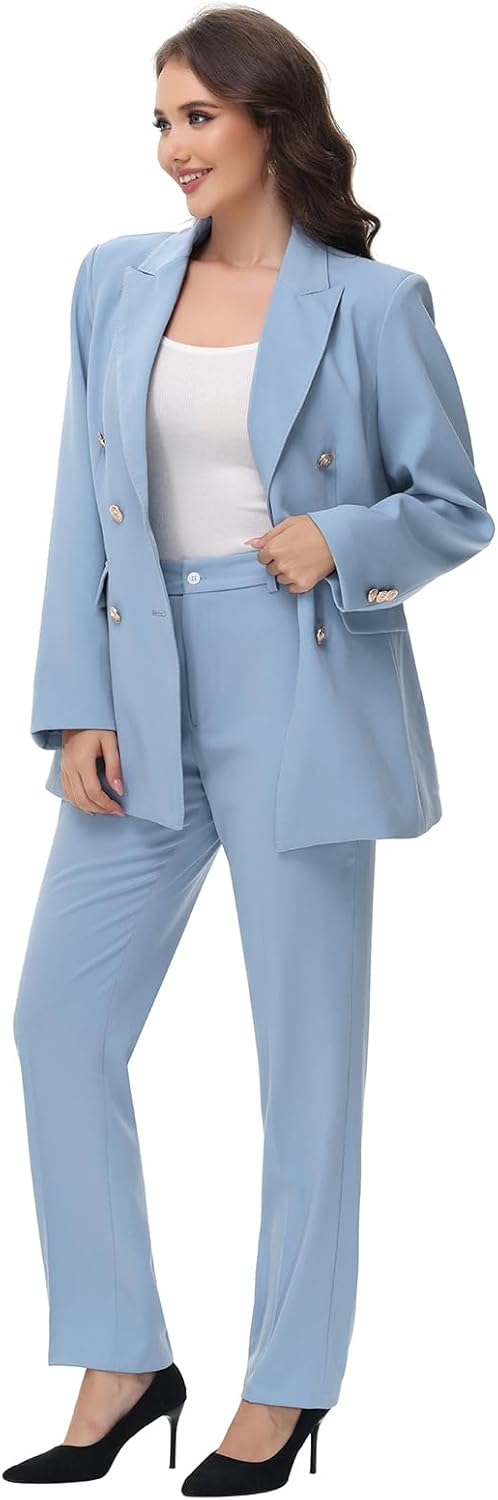 Lamgool Women Pants Suit Double Breasted 2 Piece Blazer Set Work Casual Jacket Outfits for Business - Image 3