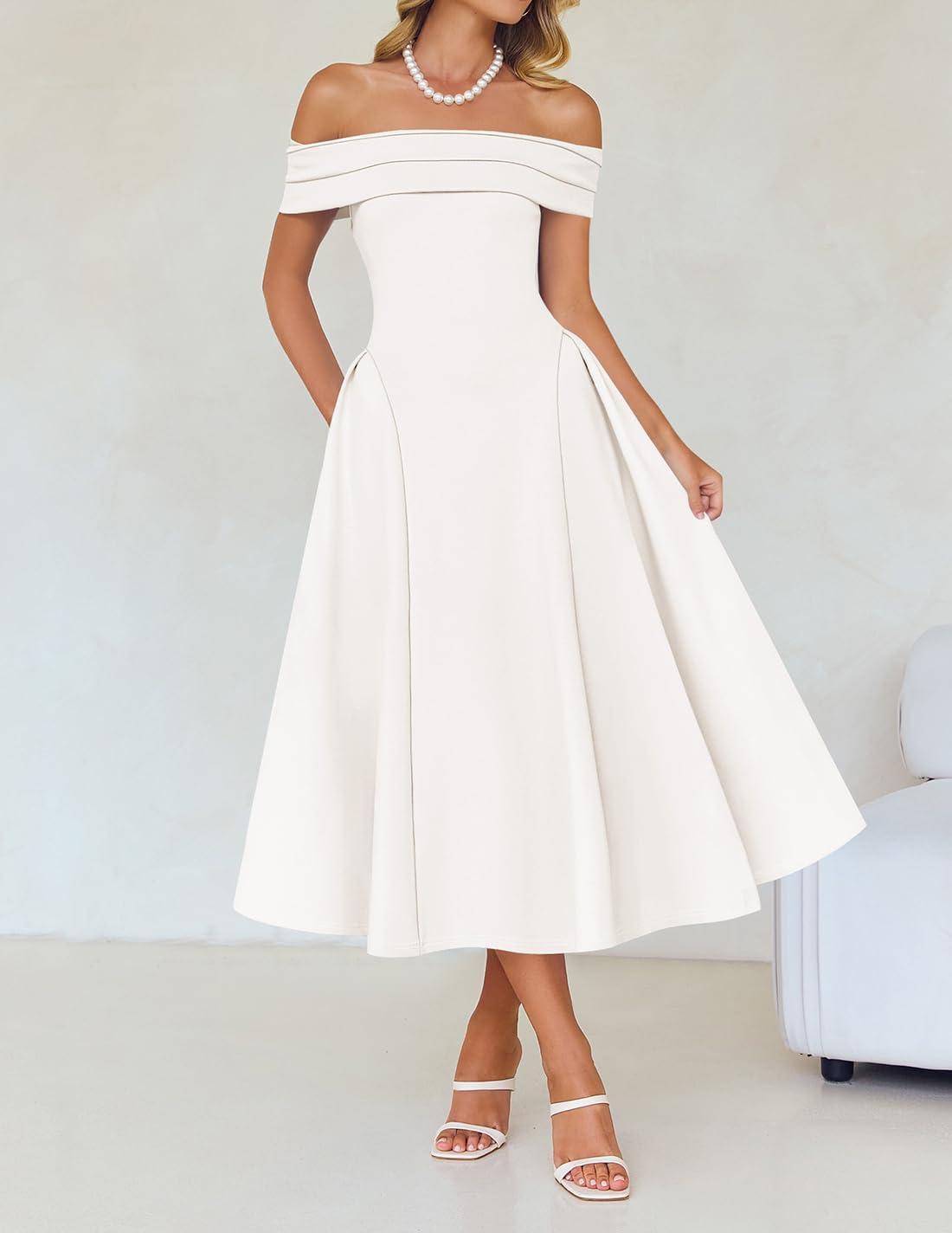 ZESICA Summer 2026 Cocktail Dresses for Women's Off Shoulder Short Sleeve Swing A Line Wedding Evening Party Midi Dress - Image 4