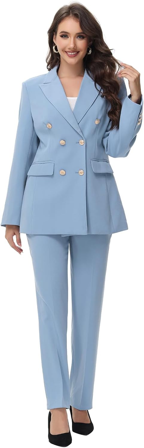 Lamgool Women Pants Suit Double Breasted 2 Piece Blazer Set Work Casual Jacket Outfits for Business - Image 2