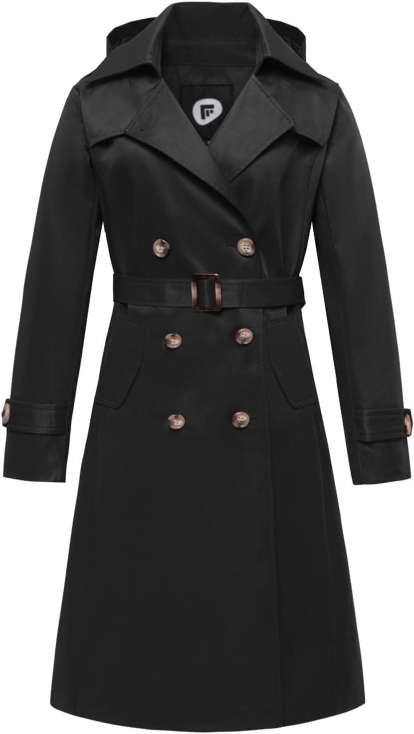 Women's Waterproof Long Trench Coat Double Breasted Length Classic Lapel Belt Coat With Removable Hood - Image 5