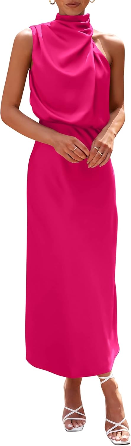 PRETTYGARDEN Women's 2026 Summer Satin Dress Elegant Sleeveless Mock Neck Cocktail Party Maxi Dresses