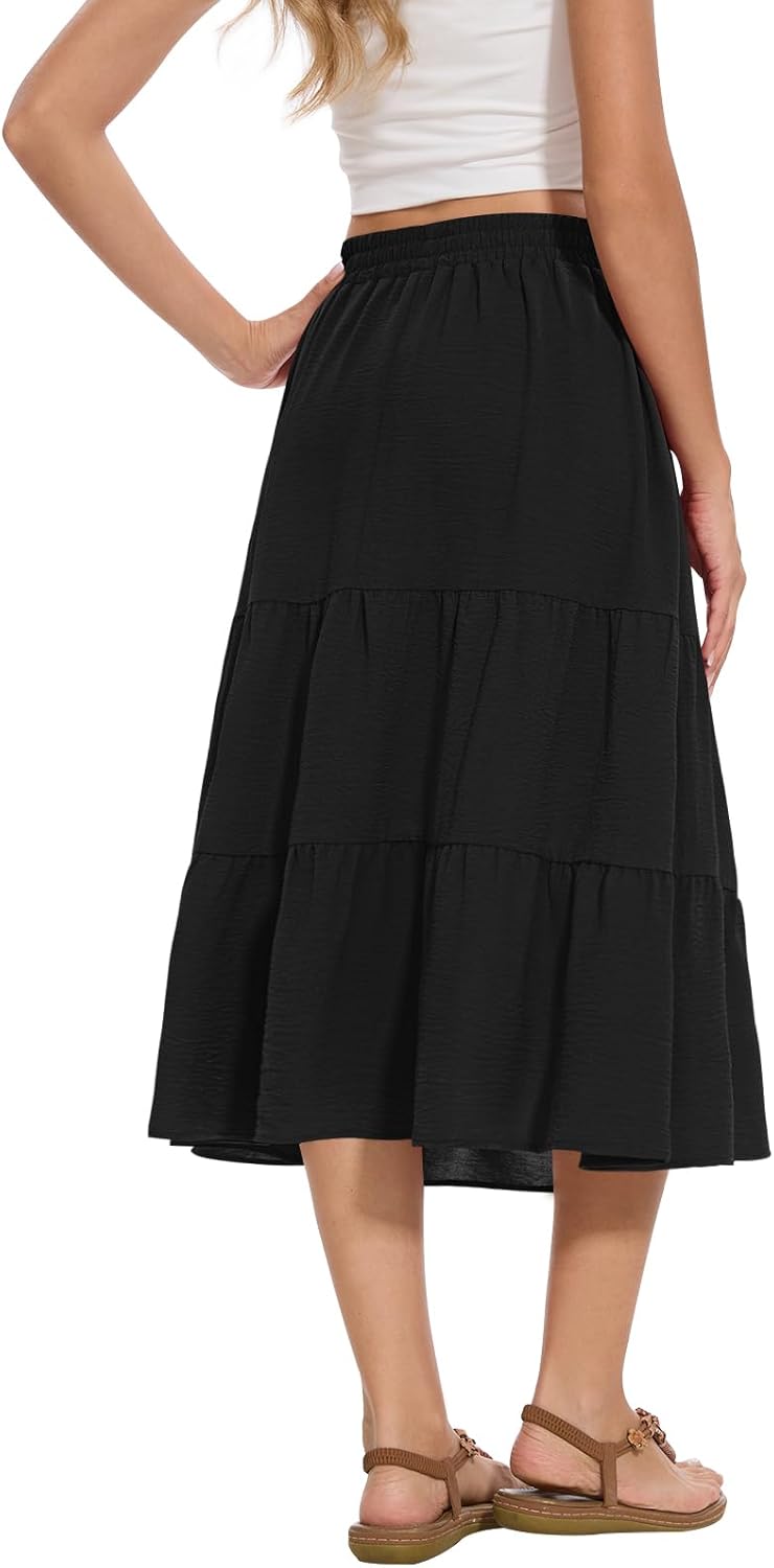 Women's Summer Midi Skirt Tiered Flowy High Waist A-Line Elastic Ruffle Casual Skirts with Pockets - Image 5