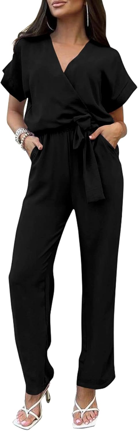 PRETTYGARDEN Women's One Piece Jumpsuits Dressy Casual Summer Short Sleeve Wrap V Neck Wide Leg Pants Romper Spring Clothes