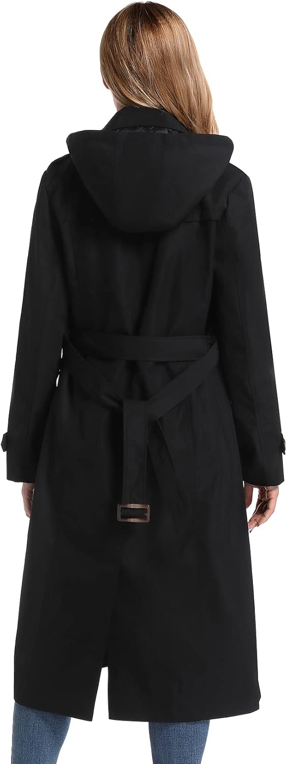 Women's Waterproof Long Trench Coat Double Breasted Length Classic Lapel Belt Coat With Removable Hood - Image 2