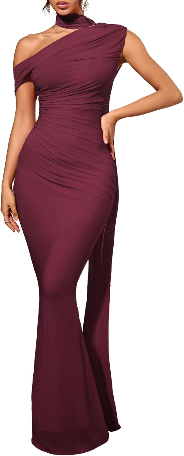 Isolde Women's One Shoulder Formal Evening Gown Built-in Bra Ribbon Elegant Bodycon Mesh Ruched Maxi Dress