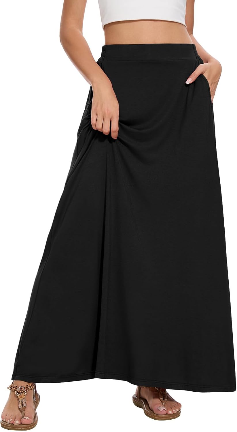 Womens Maxi A-line Long Skirt Casual 2026 Elastic High Waist Flowy Skirts with Pockets - Image 2