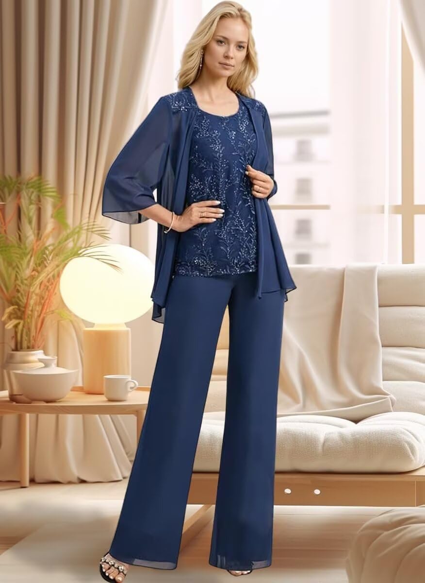 Chiffon Mother of The Bride Pant Suits 3 Pieces Lace Appliques Women Dressy Formal Outfit with Jacket KW001 - Image 4
