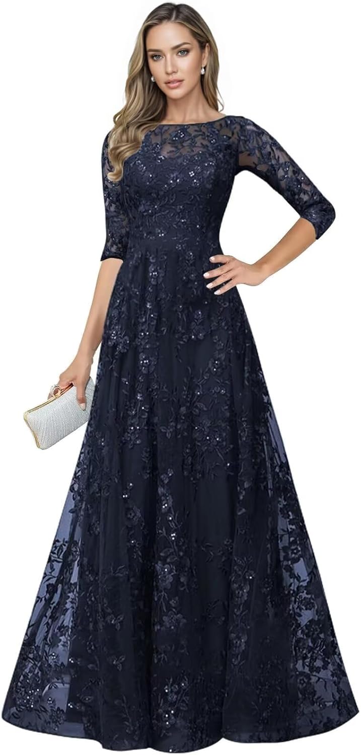 Lace Long Mother of The Bride Dresses for Wedding Guest 3/4 Sleeve Tulle Foraml Evening Party Gowns HX010