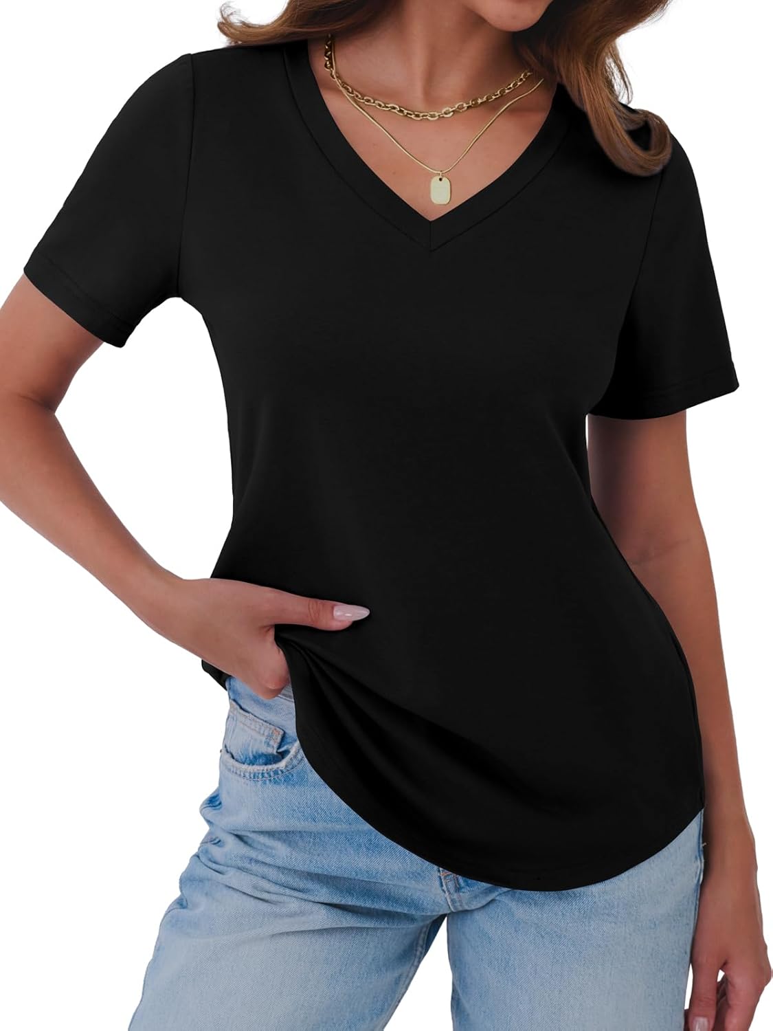 GKBK Womens T Shirts V Neck Short Sleeve Cotton Tops Summer Curved Hem Trendy Basic Tee Shirt S-XXL - Image 4