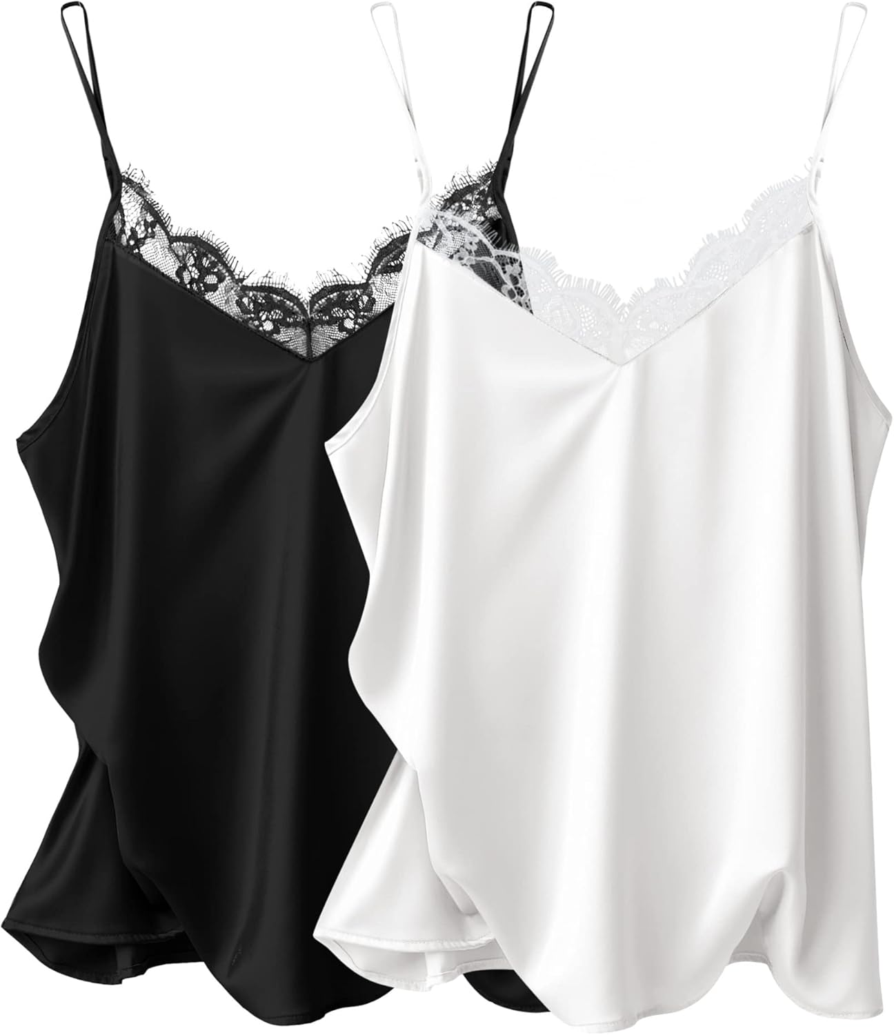 Ekouaer Women's Satin Camisole Lace Silk Satin Pajama Tank Tops V Neck Soft Spaghetti Strap Loose Sleepwear