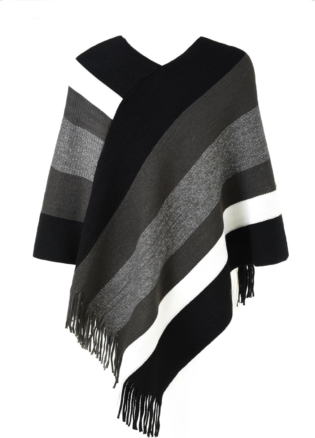 Ferand Women's Striped Poncho Sweater Cozy Knit Fringe Shawl Wraps for Fall Winter - Image 2