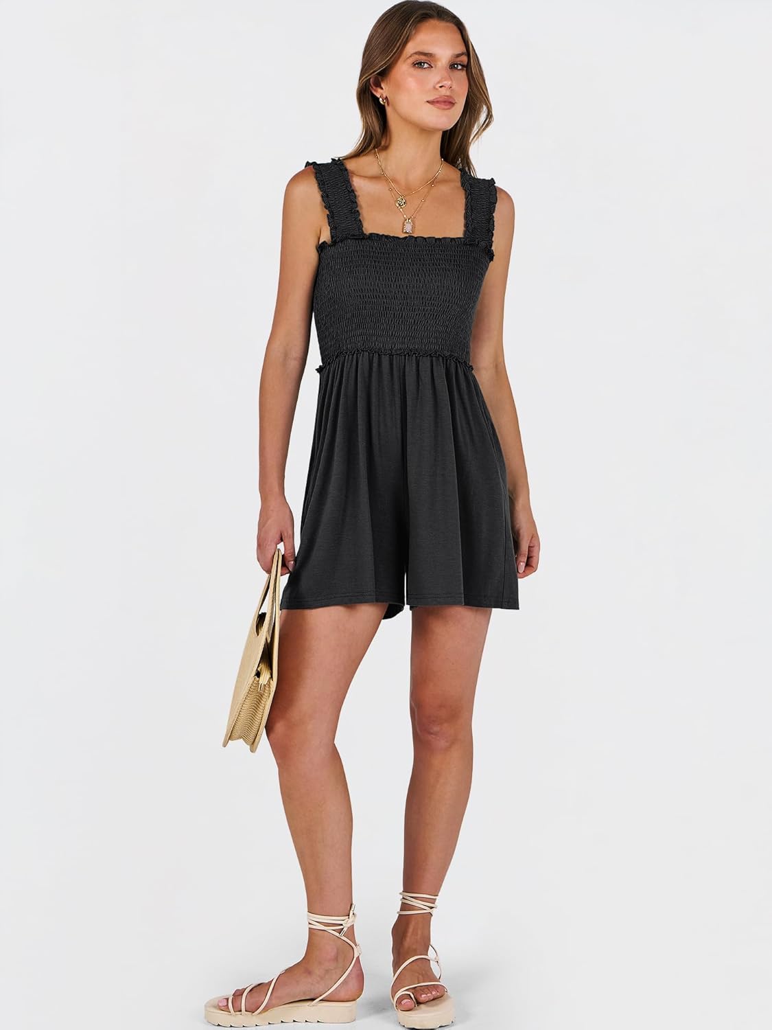 Caracilia Women's Summer Casual Smocked Rompers Square Neck Sleeveless Loose Shorts Jumpsuit 2026 Beach Vacation Outfits - Image 6