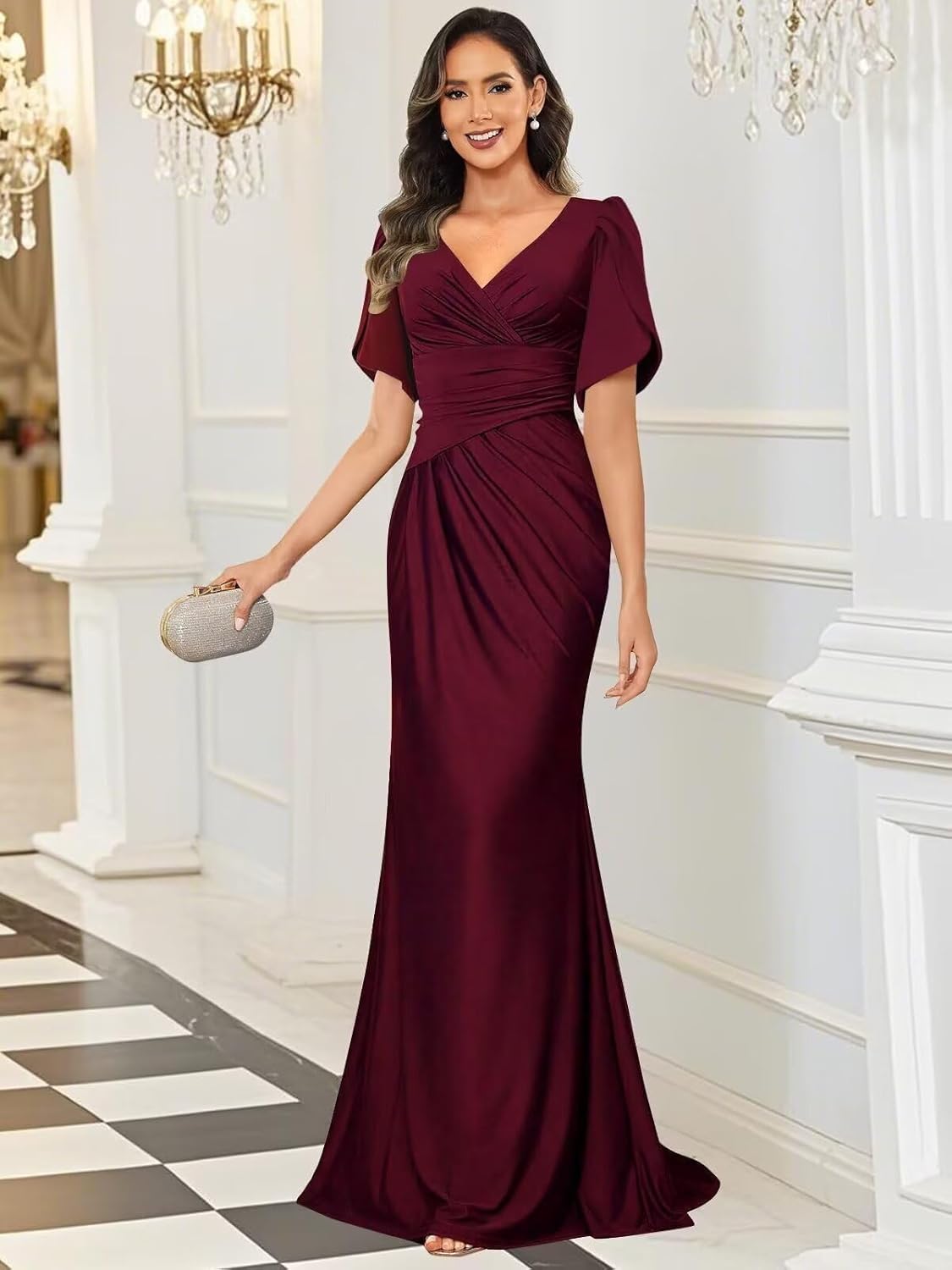 Satin Mermaid Mother of The Bride Dresses for Women Short Sleeve Long V Neck Formal Dress for Women - Image 4