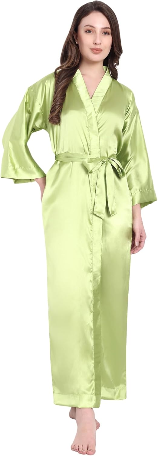 Silk Robes for Women Ankle Length Satin Kimono Robes with Belt Bridemaids Sleepwear Bachelorette Nightgown