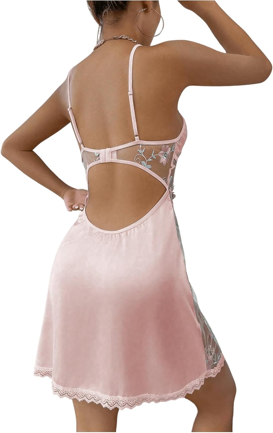 RoseSeek Women's Mesh Floral Embroidery Lace Trim Sheer Chemise Sleep Dresses Babydoll Nightgown Satin Slip Dress - Image 2