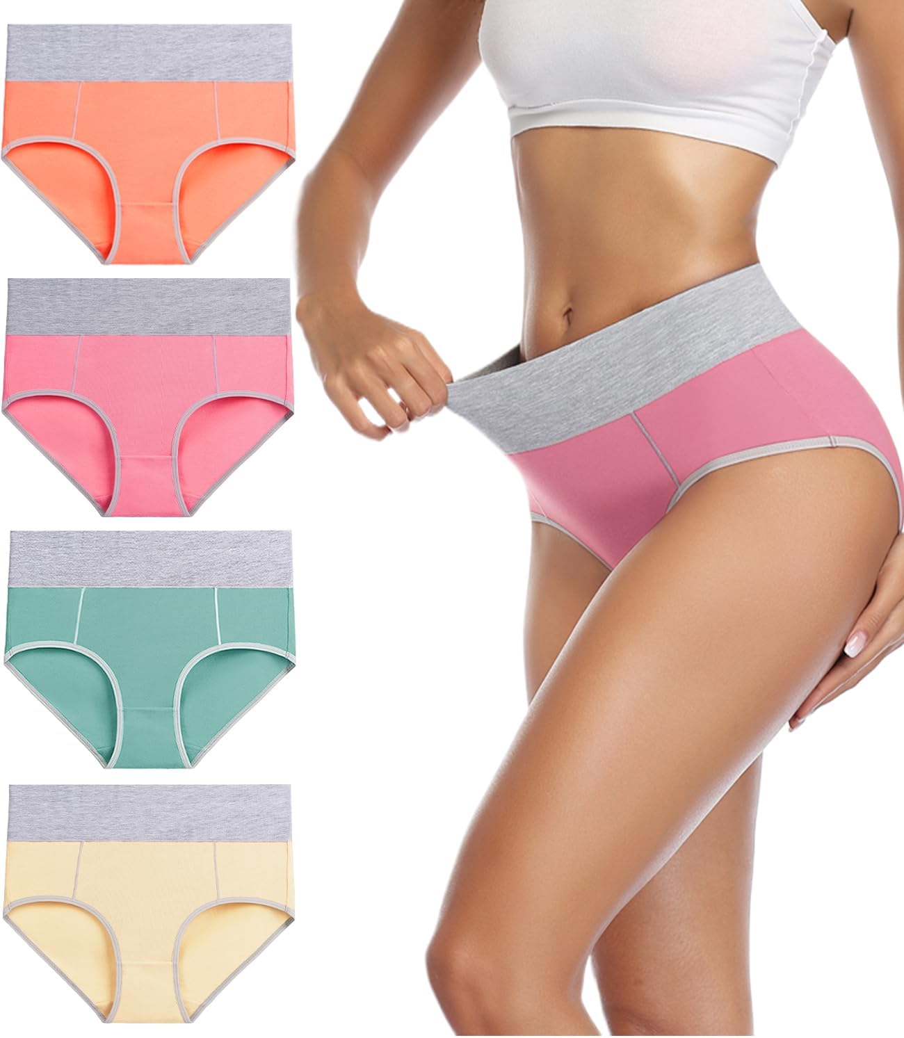 wirarpa Women's Cotton Underwear High Waist Breathable Briefs Soft Underpants Ladies Stretch Panties 4 Pack