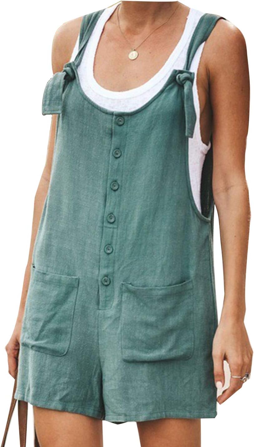 Yeokou Women's Cotton Linen Overall Shorts Summer Beach Vacation Casual Sleeveless Rompers Adjustable Tie Straps Pockets
