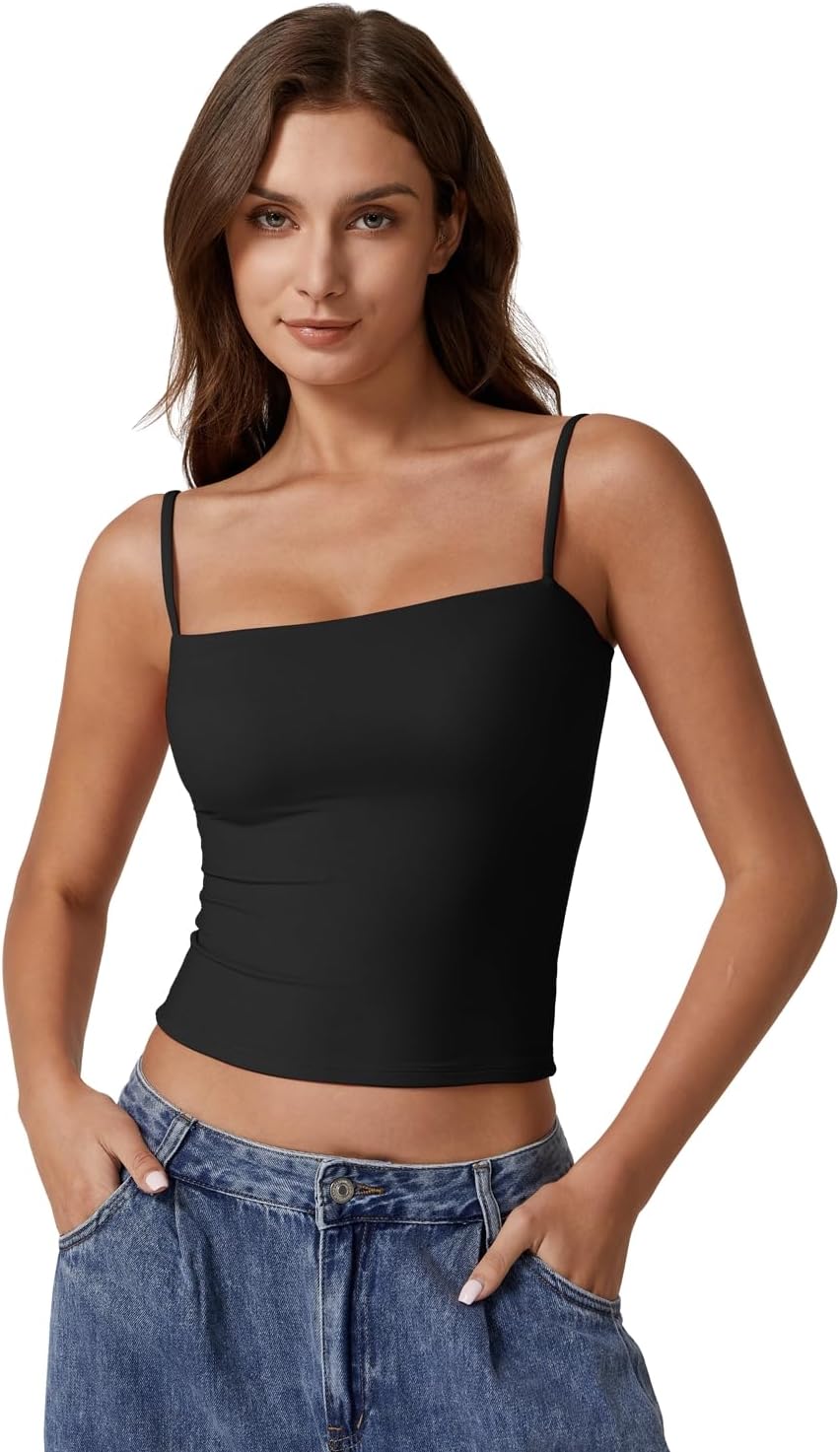 QINSEN Women's Double Lined Basic Tank Top Adjustable Spaghetti Straps Sleeveless Camisole Shirts - Image 2
