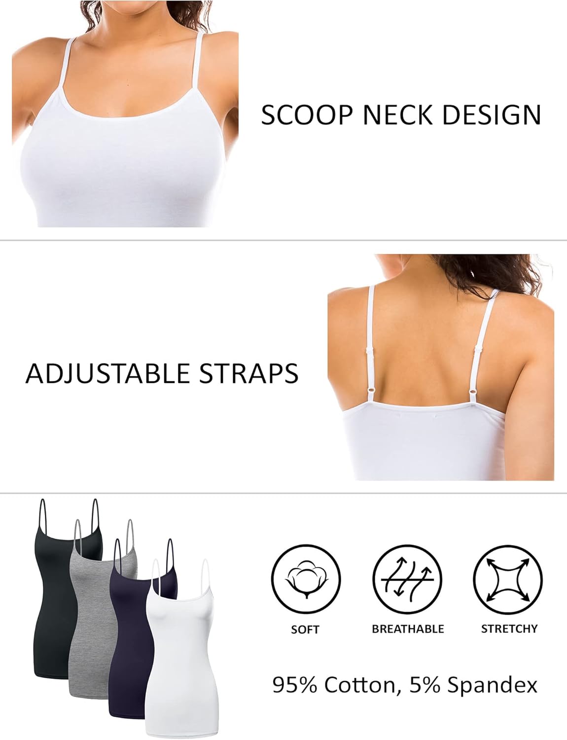 Long Cotton Camisole Spaghetti Strap Tank Top for Women Basic Cami Tops Womens Undershirts - Pack 1-4 - Image 3