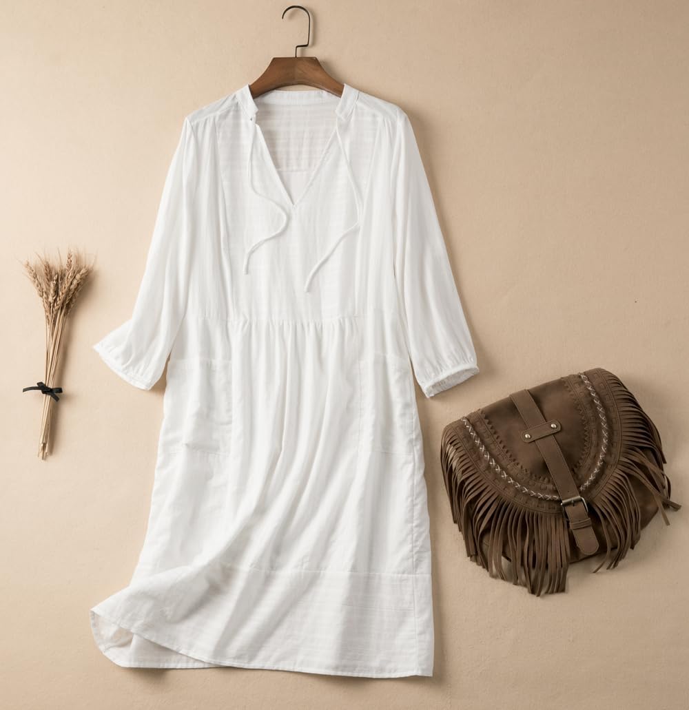 Lafural Womens V Neck Cotton Casual Loose Shift Tunic Smock Summer Dresses Vacation Dress 3/4 Sleeve Pocket - Image 5